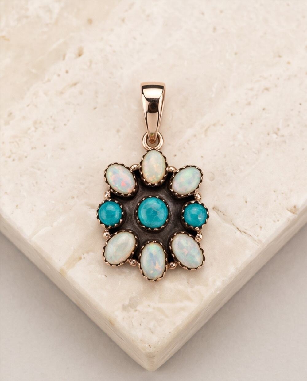 Golden Hills Turquoise & Fire Opal Pendant Cluster Sterling 925 Boho